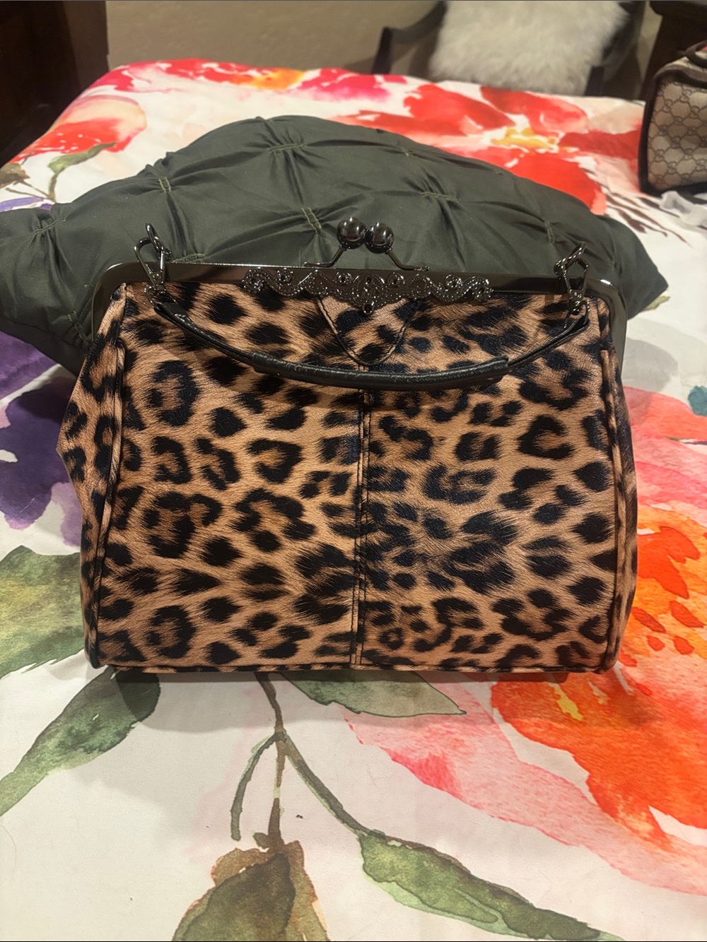Leopard Print Frame-Top Crossbody Bag in Brown